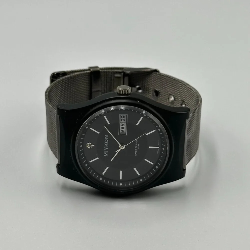 Miykon Watch Men Black Day Date Dial 38MM Mesh Buckle Band New Battery 9 Inch